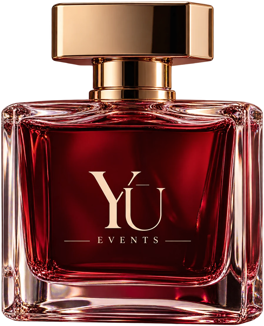 Flacon YŪ Events en verre épais, parfum bordeaux et bouchon doré